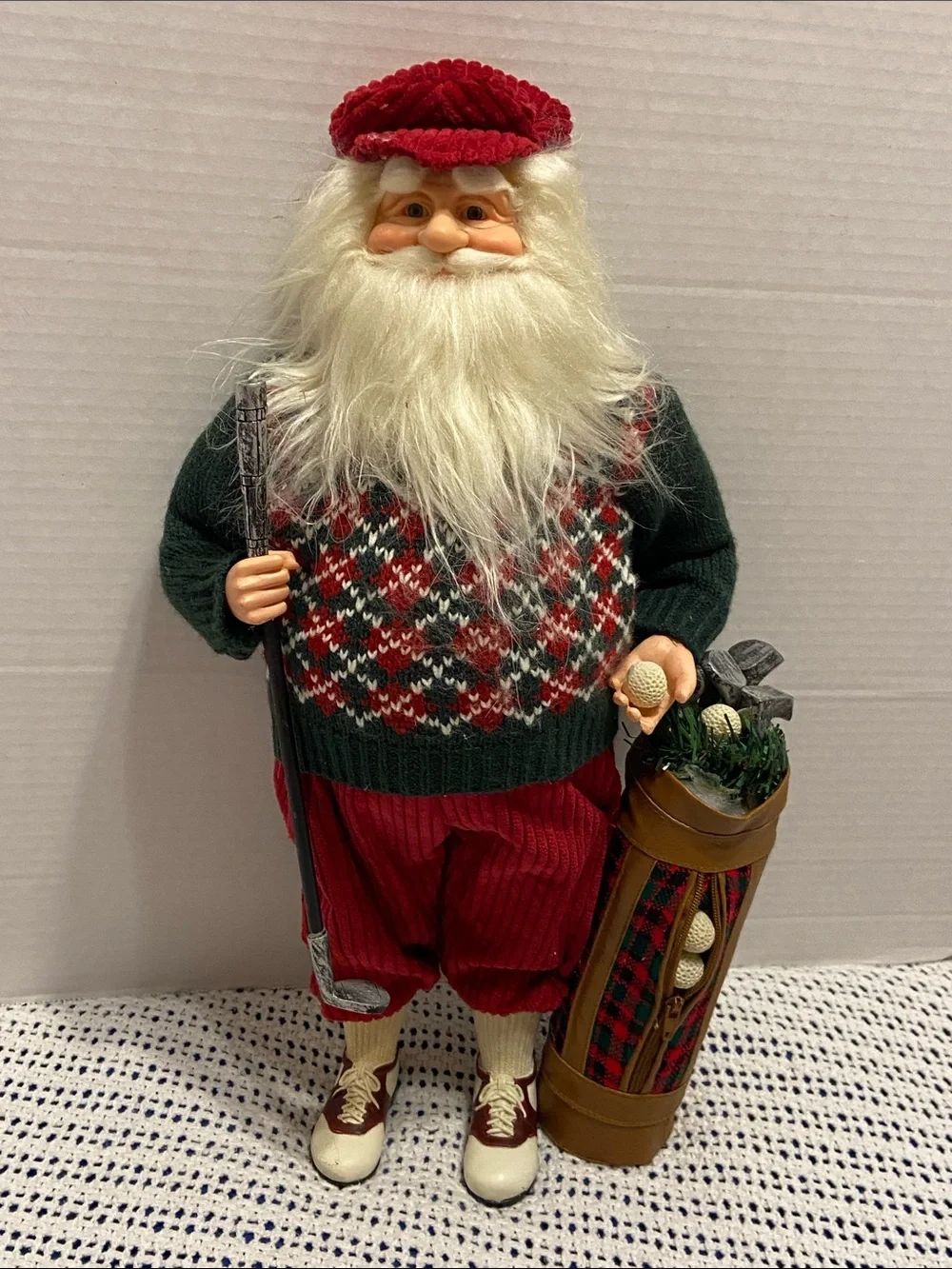 Santa Golf Figurine Red Corduroy Pants & Hat Argyle Sweater Golf Club Bag & Ball
